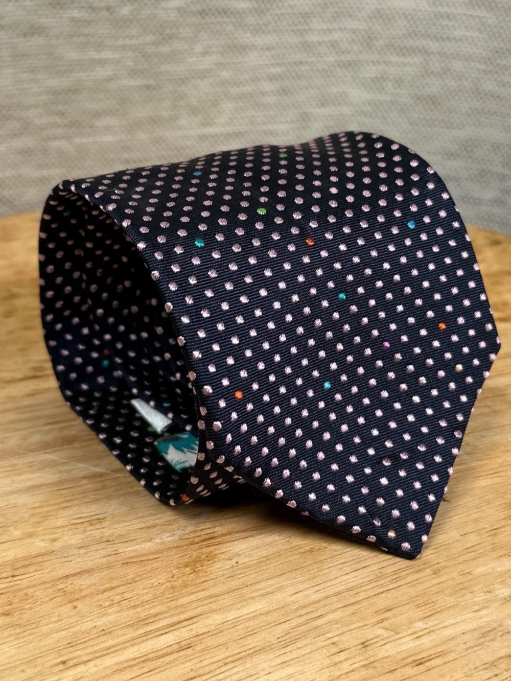 Vintage Y2K Paul Smith Navy Blue Pink Rainbow Polka Dot Silk Jacquard 3.25in Tie